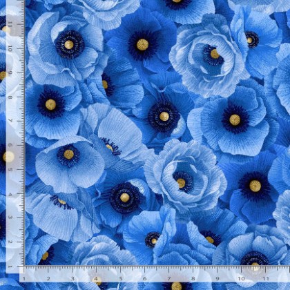 Timeless Treasures - Poppy Serenade - Packed Poppies, Blue