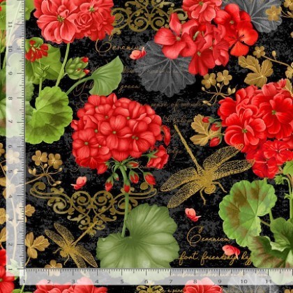 Timeless Treasures - Scarlet Beauty - Geranium Dragonfly Collage, Black