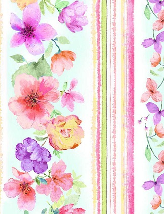 Timeless Treasures - Spring Song - 11' Watercolor Floral Stripe, White
