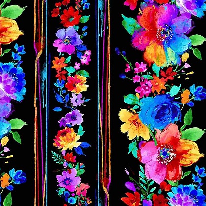 Timeless Treasures - Untamed Beauty - Bright Painted Florals 11' Stripe, Black