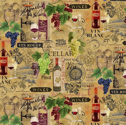 Timeless Treasures - Vintage Wine & Grape on Text, Beige