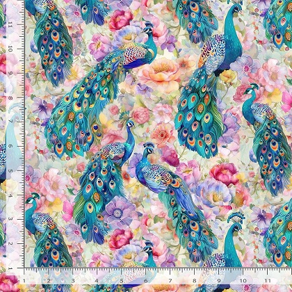 Timeless Treasures - Wild Beauty - Peacocks On Floral, Multi