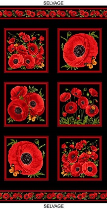 Timeless Treasures - Wild Poppy - (Fleur) - 24' Red Poppy Squares, Black