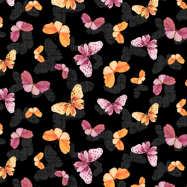 Wilmington Prints - Botanical Magic - Butterfly Toss, Black