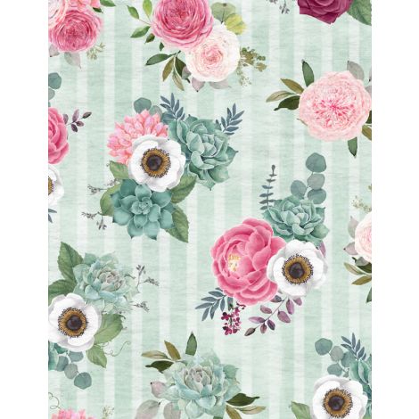 Wilmington Prints - Botanical Oasis - Bouquets on Green Stripe