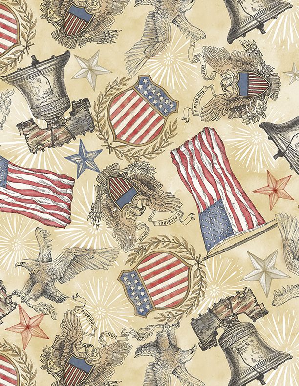 Wilmington Prints - Colors Of Courage - Patriotic Emblems, Tan