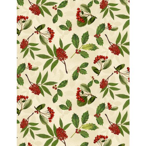 Wilmington Prints - Festive Forest - Holly & Berries, Cream