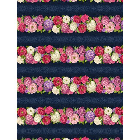 Wilmington Prints - Floral Serenade - Repeating Stripe, Navy