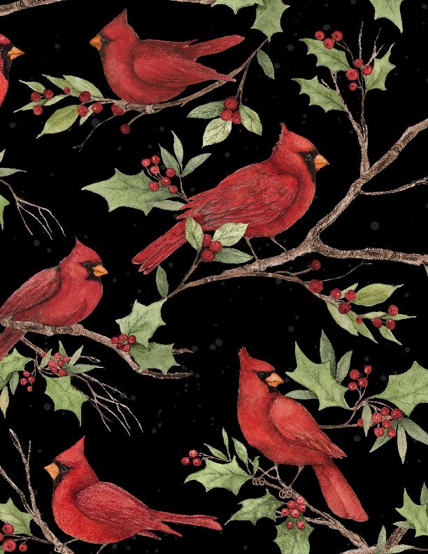 Wilmington Prints - Medley In Red - Large Cardinals All Over, Black