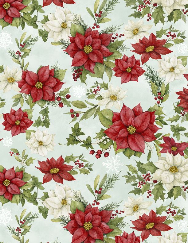 Wilmington Prints - Medley In Red - Poinsettia All Over, Mint Green