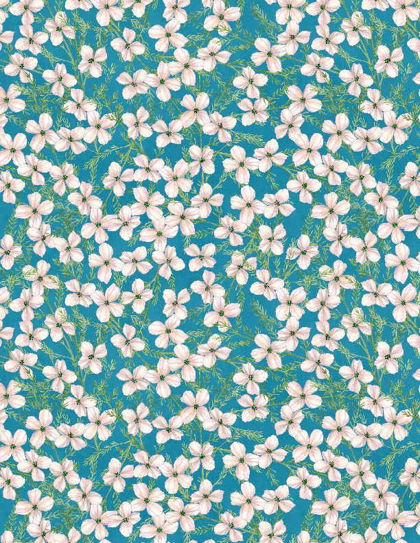 Wilmington Prints - Midnight Garden - Small Floral, Teal/Cream