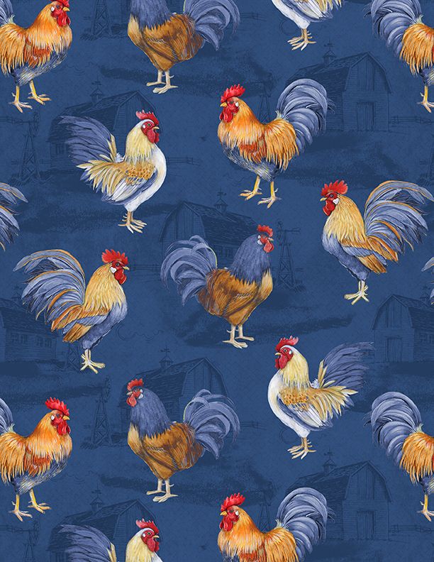 Wilmington Prints - Morning Serenade - Roosters All Over, Blue