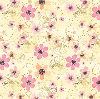 Wilmington Prints - Peony Blossoms - Flowers & Gold, Yellow
