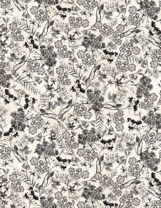 Wilmington Prints - Proud Rooster - Floral Toile, Ivory/Black