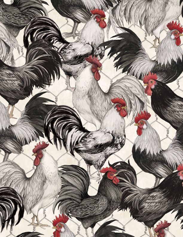 Wilmington Prints - Proud Rooster - Packed Roosters, Ivory