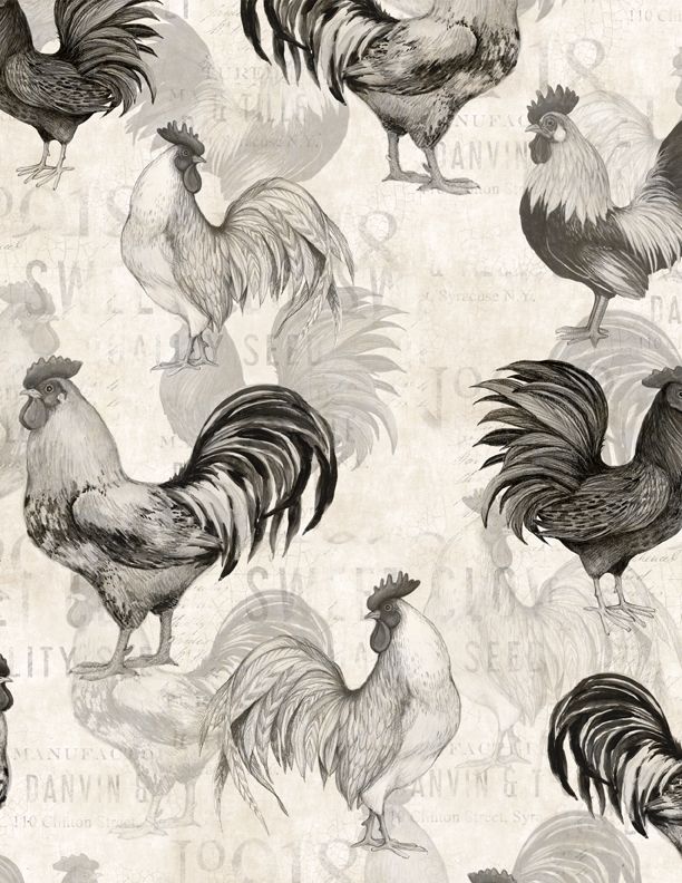 Wilmington Prints - Proud Rooster - Rooster All Over, Ivory/Black