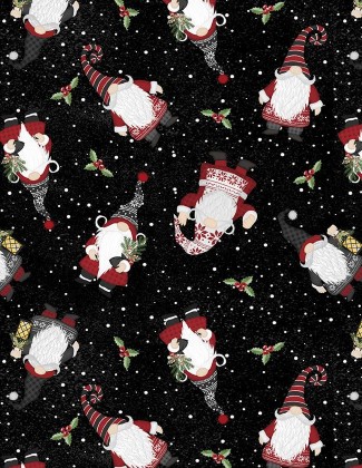Wilmington Prints - Snowy Gnomies - Gnome Toss, Black
