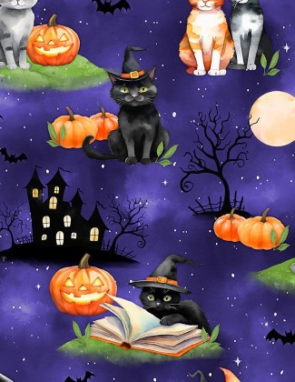Wilmington Prints - Spooky Tails - Scenic Cats, Purple