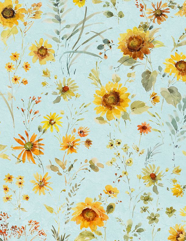 Wilmington Prints - Sunflower Sweets - Flowers All Over, Light Teal