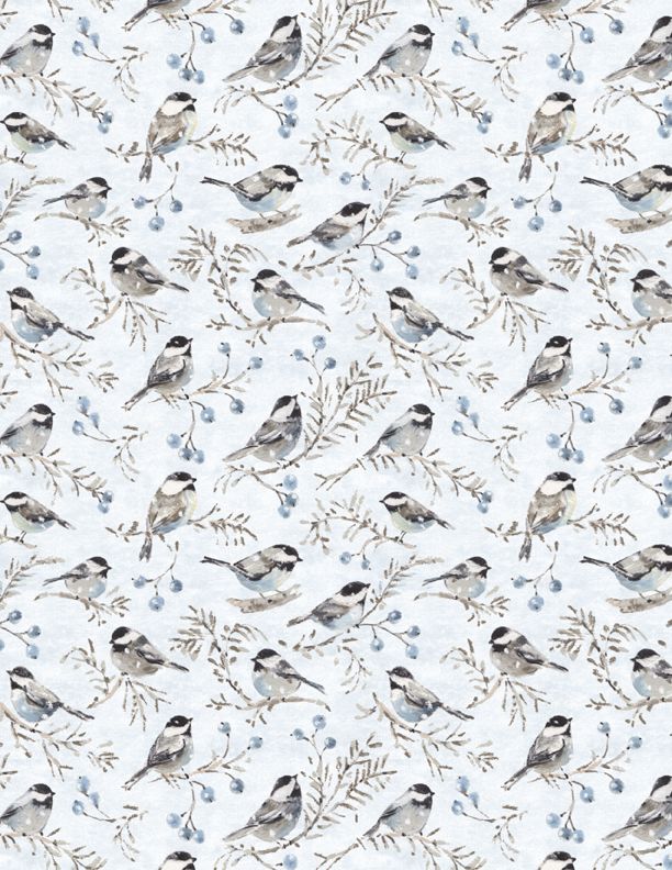 Wilmington Prints - Woodland Frost - Birds & Berries, Light Blue