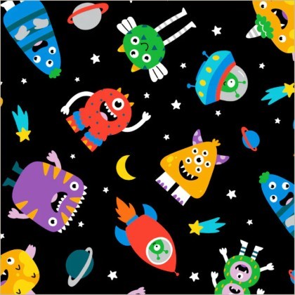 Windham Fabrics - Winter Fleece Print - Space Monsters, Black
