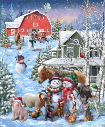 Windham Fabrics - Winter Wonder - 36' Snow Friends Puff Panel, Icy Blue