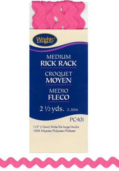 Wrights - Medium Rick Rack - 1/2' x 2.5 yds, Bright Pink