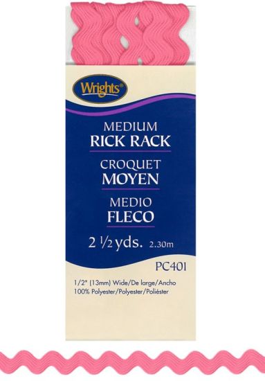 Wrights - Medium Rick Rack - 1/2' x 2.5 yds, Candy Pink