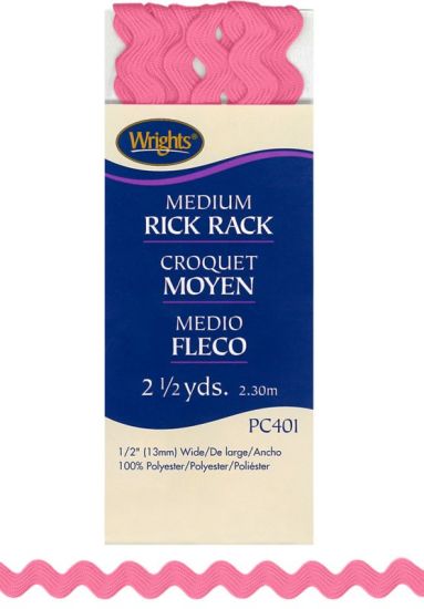 Wrights - Medium Rick Rack - 1/2' x 2.5 yds, Hot Pink