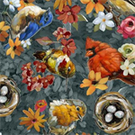 Quilting Treasures - Joyful Garden - Bird Toss, Dark Teal