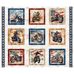 Quilting Treasures - Stars, Stripes & Steel - Motorcycles Picyure Patches, Multi