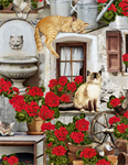 Timeless Treasures - Front Porch - Cats & Geraniums, Multi