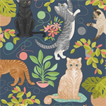 Quilting Treasures - Curious Kittycats - Ctas & Plants, Dark Blue