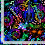 Timeless Treasures - Music - Neon Music Notes & Guitars, Black