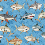 Quilting Treasures - Deep Sea Dazzle - Sharks Toss, Blue