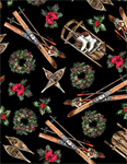 Timeless Treasures - Holiday Retreat - Skis, Snowshoes & Wreaths, Black