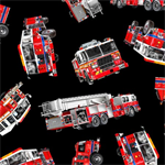 Timeless Treasures - Fire - Tossed Fire Trucks, Black