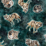 Quilting Treasures - Running With The Pack - Tossed Wolves, Dark Teal