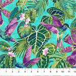 Northcott - Shimmer Paradise - Hummingbirds & Leaves, Turquoise