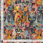 Timeless Treasures - Feline Folk - Packed Cat & Floral, Bright