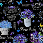 Timeless Treasures - Pansy Paradise - Pansy Vase & Words, Black