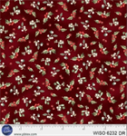 P & B Textiles - Winter Song - Tossed Holly & Berries, Dark Red