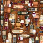 Quilting Treasures - Cork & Barrel - Wine Bottle and Glasses, Brown