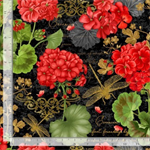 Timeless Treasures - Scarlet Beauty - Geranium Dragonfly Collage, Black