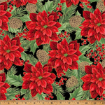 Hoffman California - Christmas Wish - Red Poinsettias, Black/Gold
