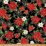 Hoffman California - Blooming Holidays - Red & White Poinsetttias, Black/Gold