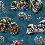 Quilting Treasures - Heavy Metal - Motorcycles, Teal